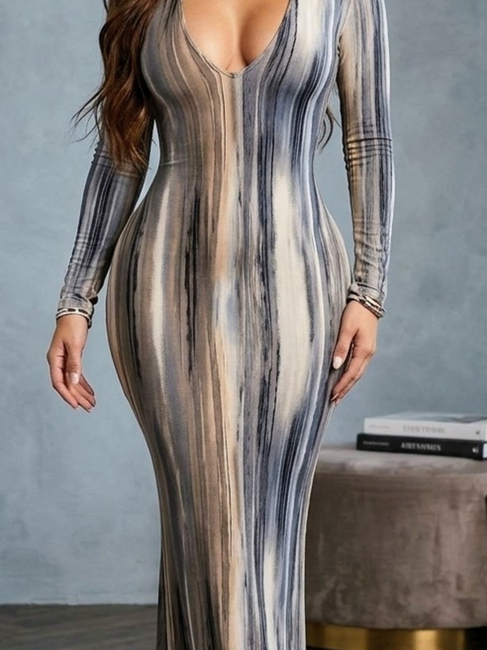 Fashion Nova Striped Long Sleeve Maxi Dress in Beige, Gray and Blue
